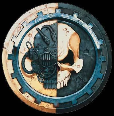 Omnissiah logo showing a mechanical skull and a human skull joined inside a gear