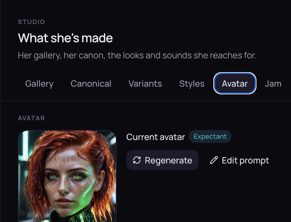 Aria avatar workspace showing the current expectant portrait and controls to regenerate or edit its prompt