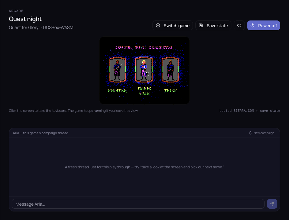 Quest for Glory character selection running in Aria's Arcade above a dedicated campaign chat